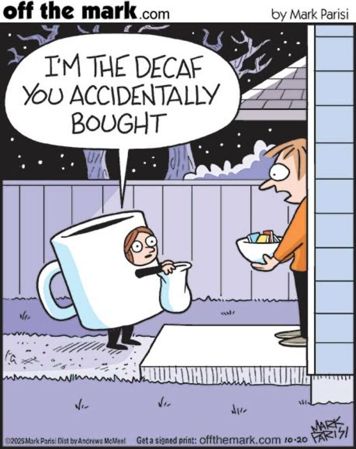 Child dressed as decaf coffee cup explaining Halloween costume mix-up