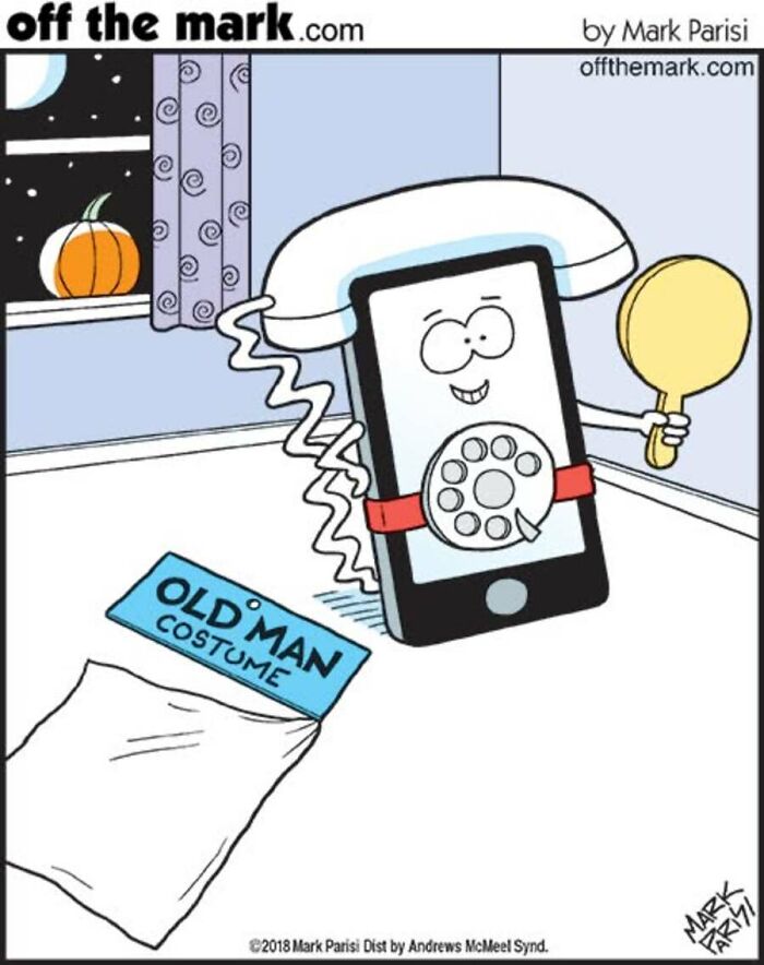 Old fashioned rotary phone dressed as old man holding mirror Halloween costume