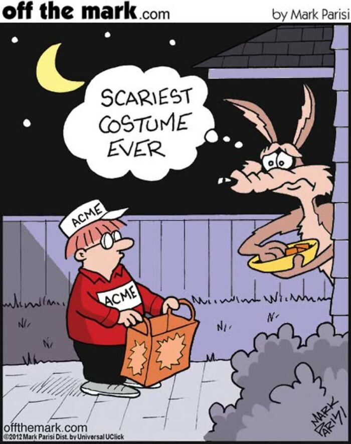 Cartoon of Halloween trick or treater scaring coyote in costume