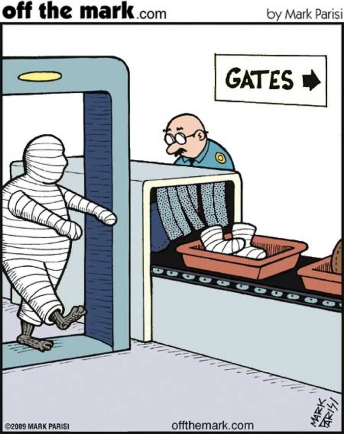 Mummy cartoon going through airport security scan with bandaged feet on conveyor belt Halloween humor