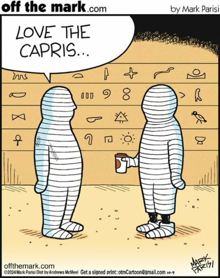 Halloween cartoon with mummies and hieroglyphs discussing Capri Suns
