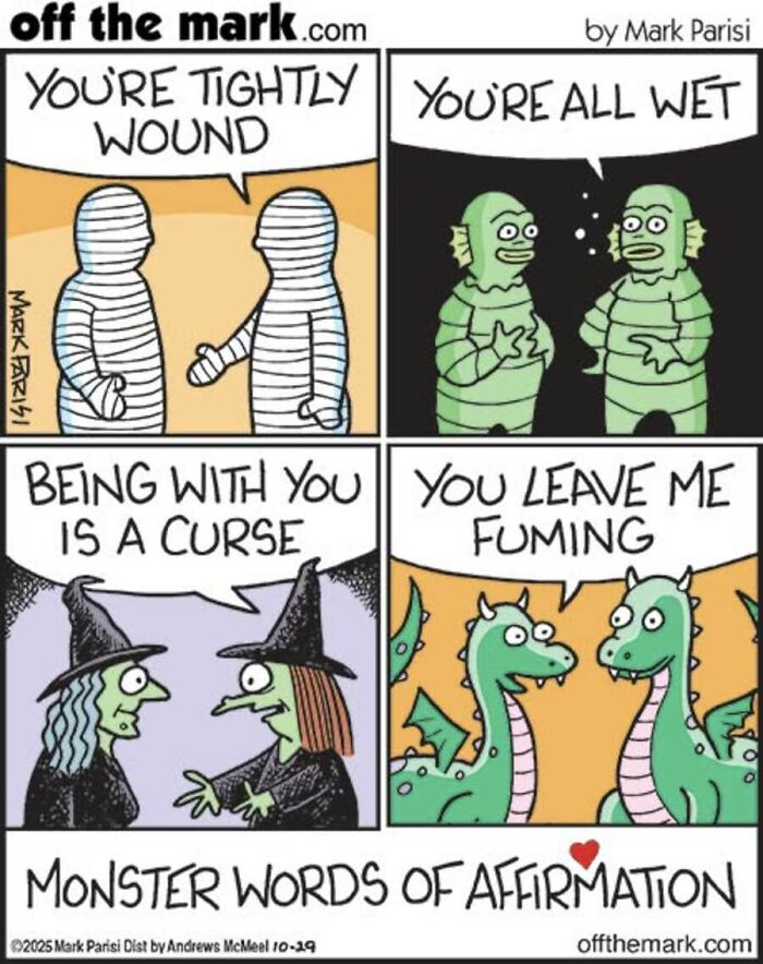 Four-panel cartoon showing monsters exchanging Halloween themed words of affirmation