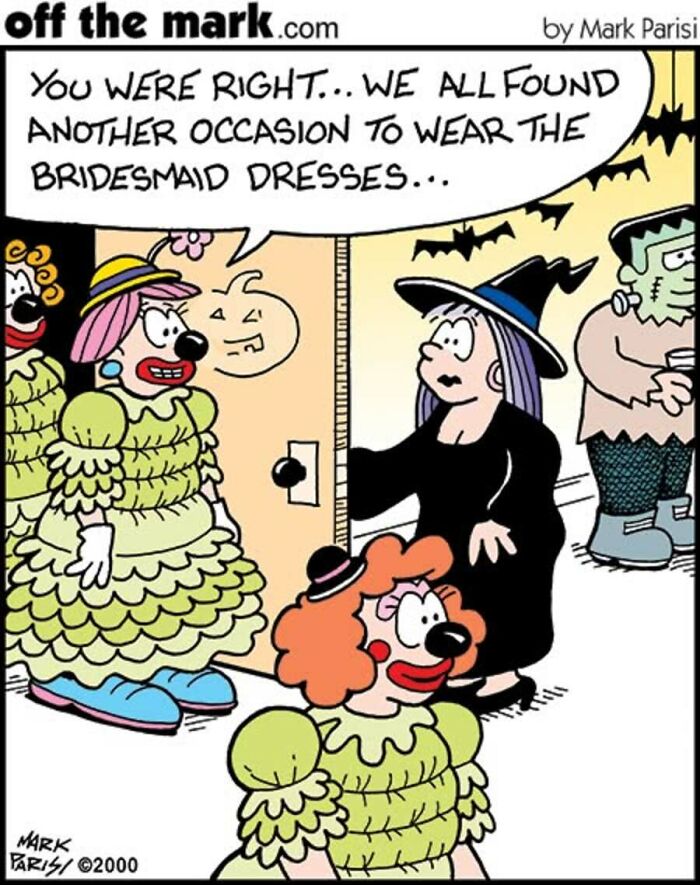 Halloween cartoon showing characters in bridesmaid dresses at a party by Mark Parisi