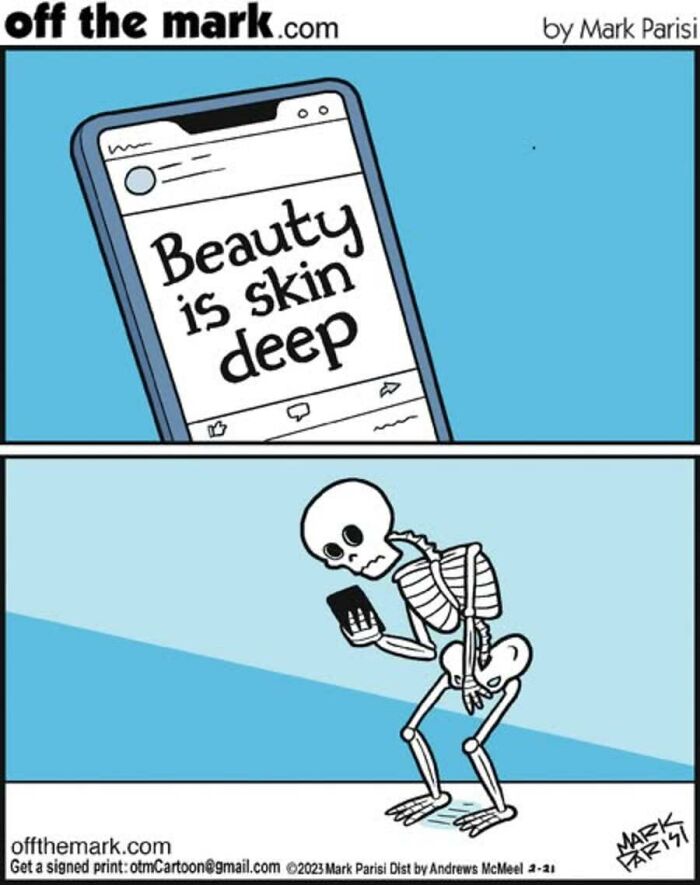 Skeleton reading beauty is skin deep quote on phone in Halloween cartoon