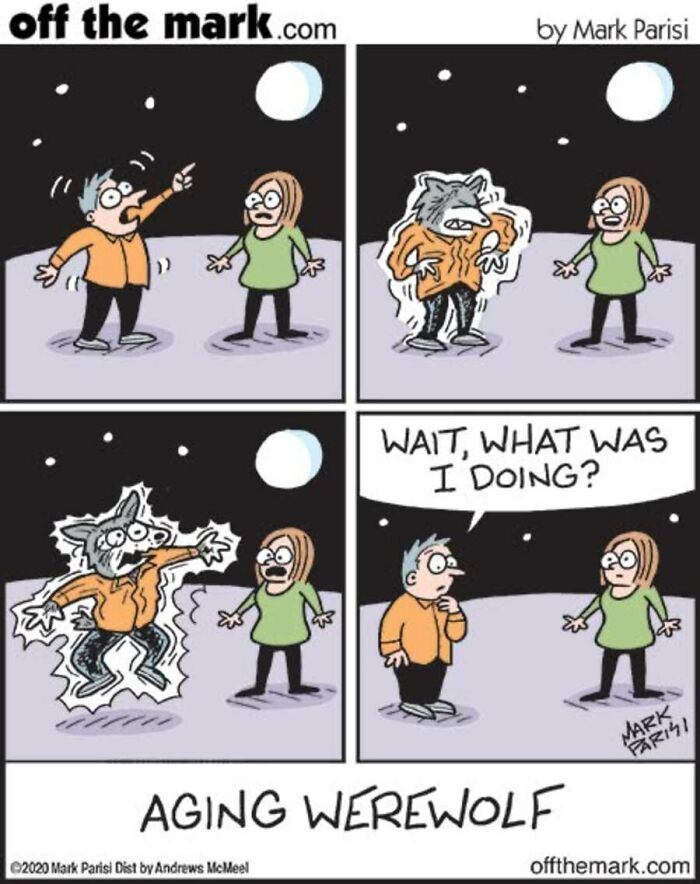 Comic of aging werewolf forgetting transformation process in Halloween cartoon