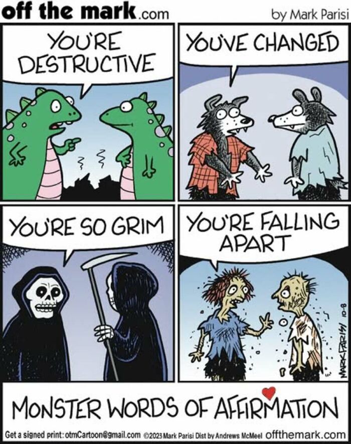 Monsters exchanging words of affirmation in Halloween cartoon by Mark Parisi