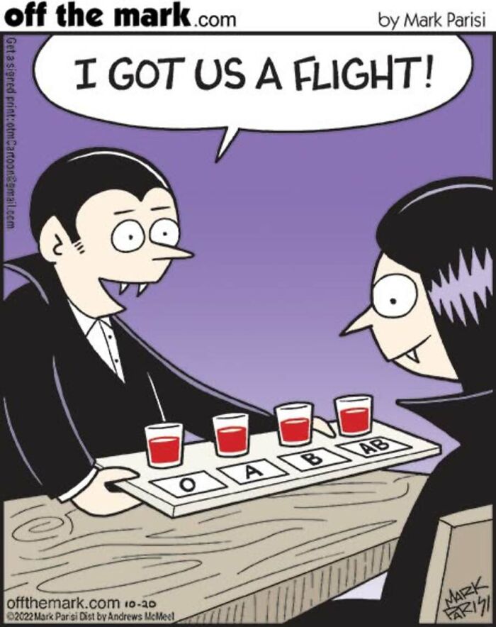 Vampire offers blood type drinks in cartoon for Halloween humor
