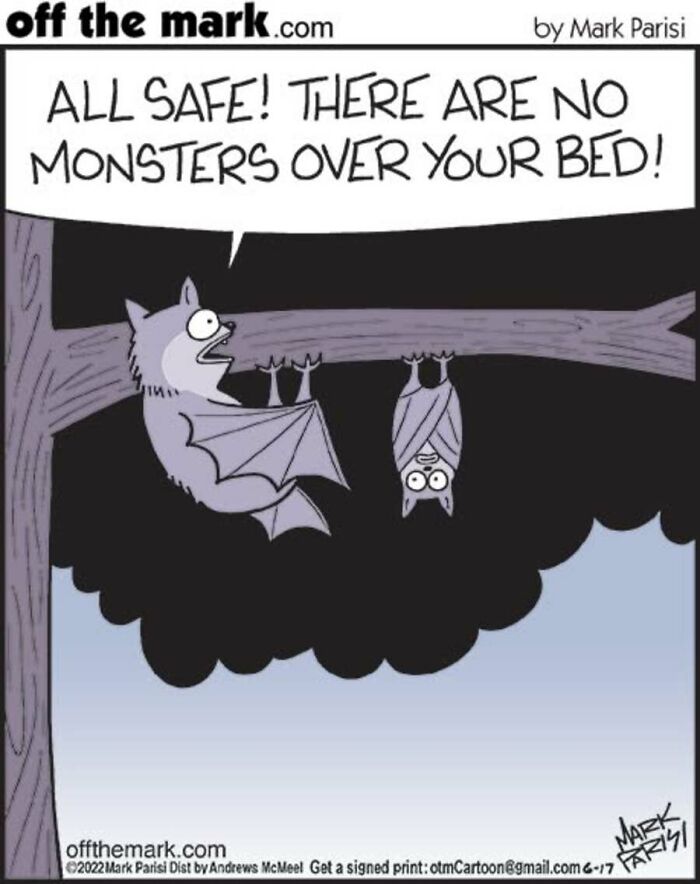 Cartoon bat assures no monsters are over the bed for Halloween