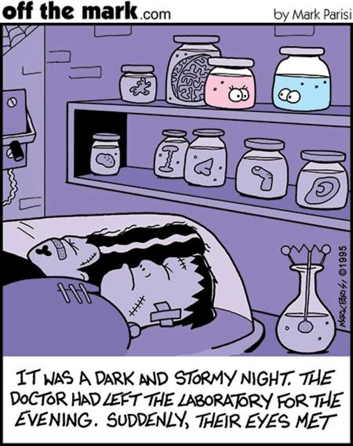Halloween cartoon showing Frankenstein couple in a spooky lab scene