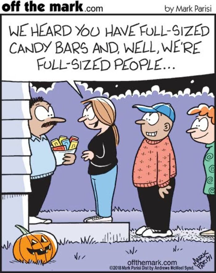 Cartoon children ask for full-sized candy bars while trick or treating