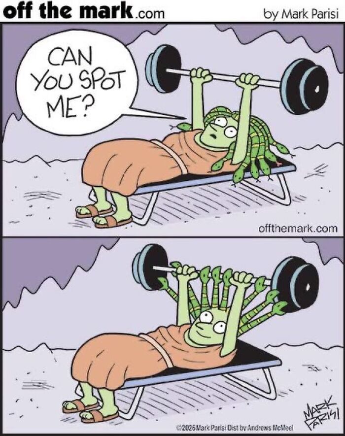 Halloween comic shows Medusa-like character asking to be spotted while lifting weights