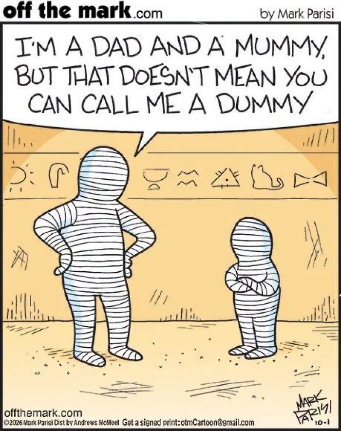 Cartoon of mummy parent telling child they are not a dummy in Halloween comic