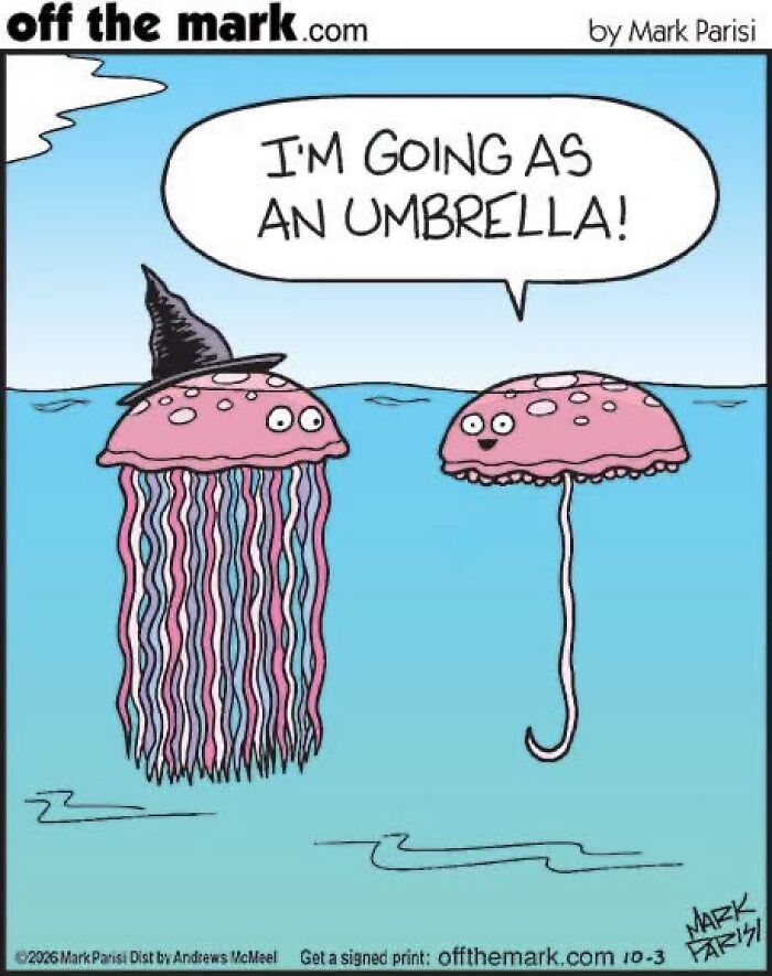 Halloween cartoon of jellyfish with one disguised as an umbrella by Mark Parisi