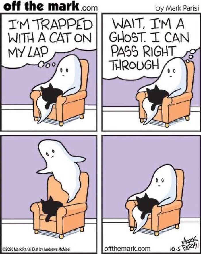 Halloween cartoon of a ghost unable to pass through a cat on lap by Mark Parisi