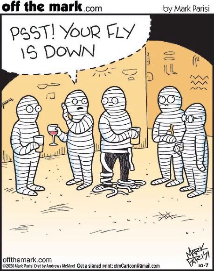 Halloween cartoon of mummies at a party with one mummy's fly down by Mark Parisi