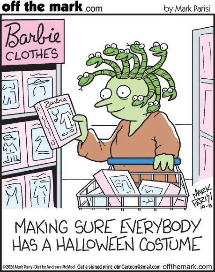 Medusa shopping for Halloween costumes cartoon by Mark Parisi