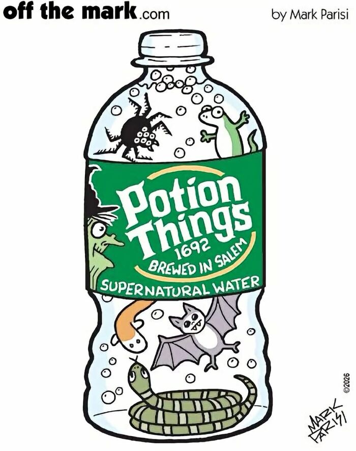 Potion bottle cartoon with supernatural Halloween creatures by Mark Parisi