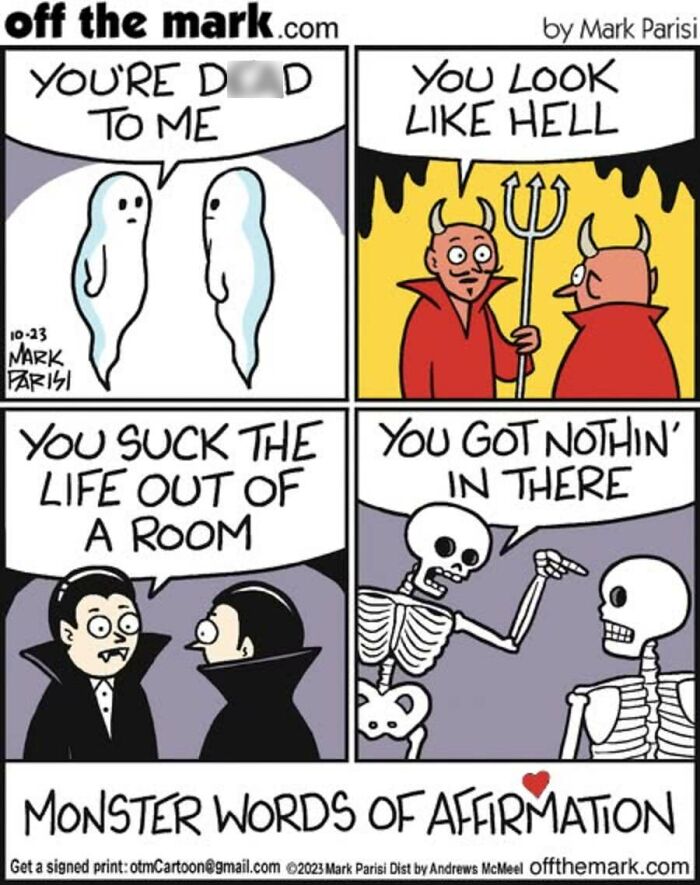 Halloween cartoon of monsters giving affirmations by cartoonist Mark Parisi