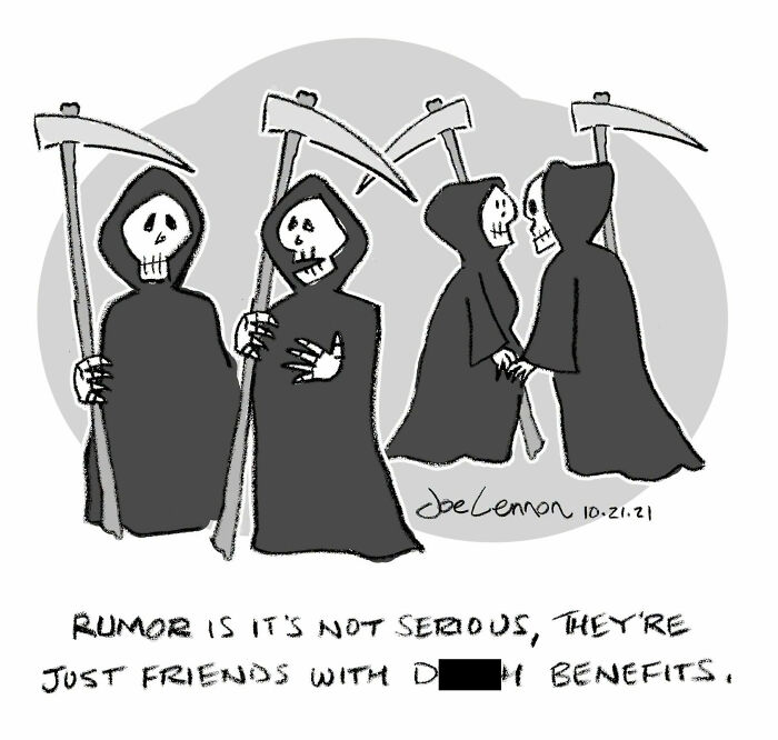 Halloween comic of Grim Reapers gossiping about a friends with benefits rumor