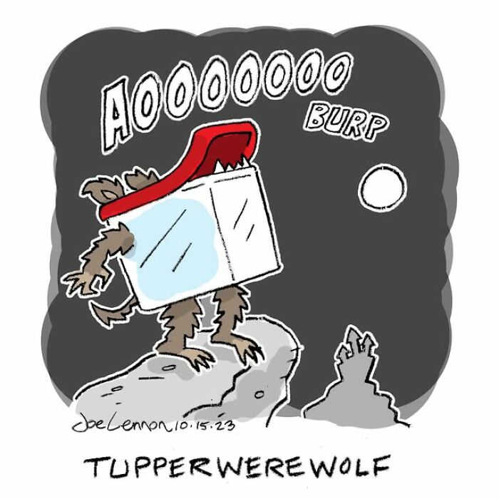 Halloween comic featuring a werewolf trapped in a Tupperware container