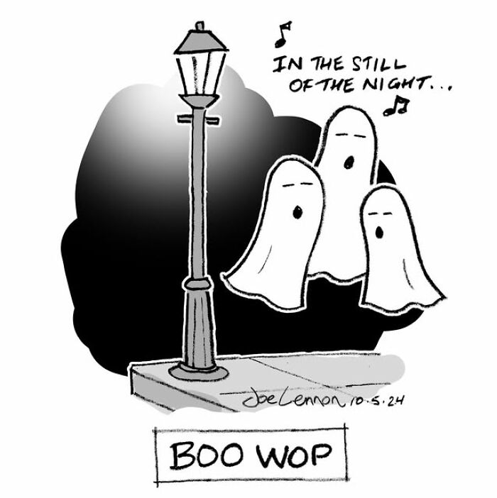 Halloween comic of three singing ghosts titled boo wop by streetlamp