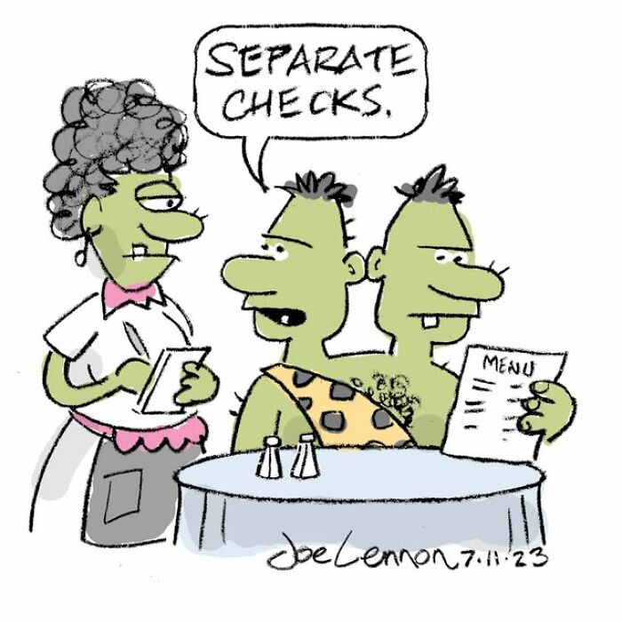 Halloween comic of two-headed creature asking for separate checks at restaurant