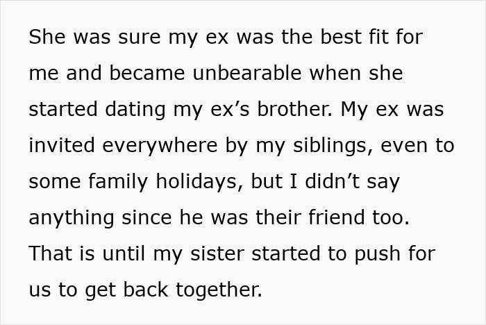 Text snippet explaining family drama and an ex who rejected him previously.
