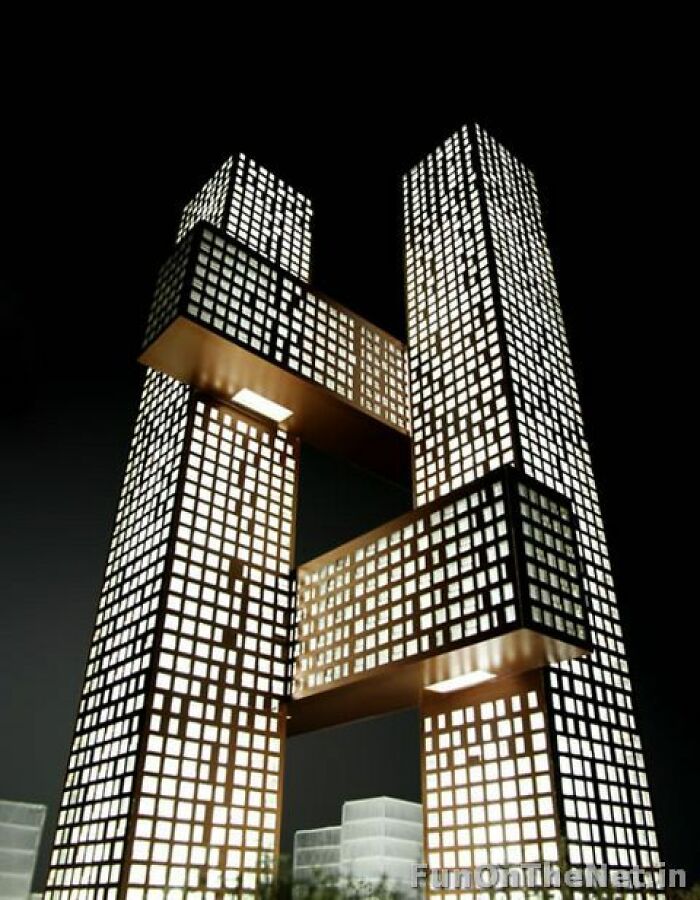 Innovative strange building with illuminated grid design at night