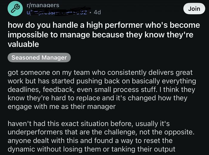 Financial dystopia post on managing a high performer difficult to control