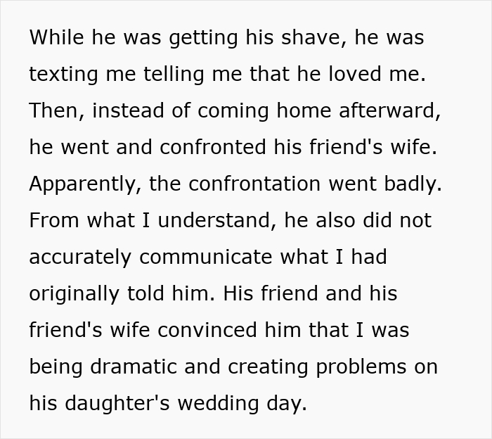 Screenshot of text detailing a man confronting a friend's wife on daughter's wedding day Screenshot of text detailing a man confronting a friend's wife on daughter's wedding day