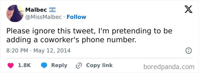 A funny work tweet about pretending to add a coworker's phone number.