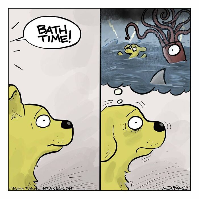 Hilarious dog imagining bath time as dangerous sea monster scene