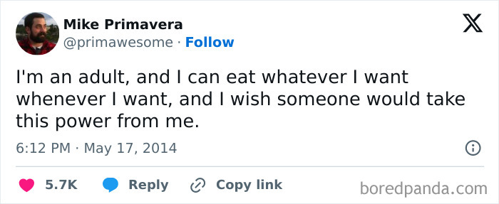 Tweet about adult freedom to eat whatever and wishing to lose that power