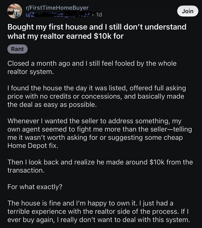 Financial dystopia post about confusion over realtor earning 10k on first house purchase