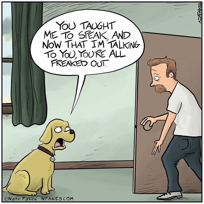 Comic of dog talking to man about speaking and being freaked out
