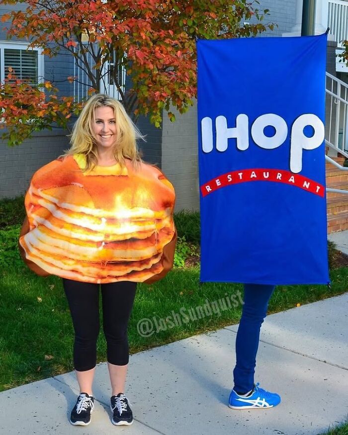Creative Halloween costume featuring an IHOP sign and pancakes by people with disabilities.