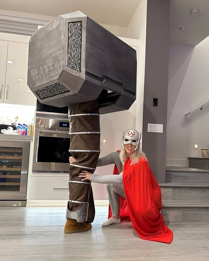 Creative Mjolnir hammer costume clever idea by people with disabilities for Halloween.