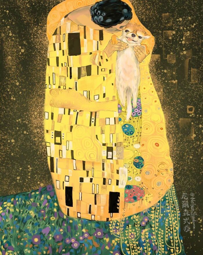Animal-filled parodies illustration of a dog inside Klimts The Kiss by Nelson Syndrome