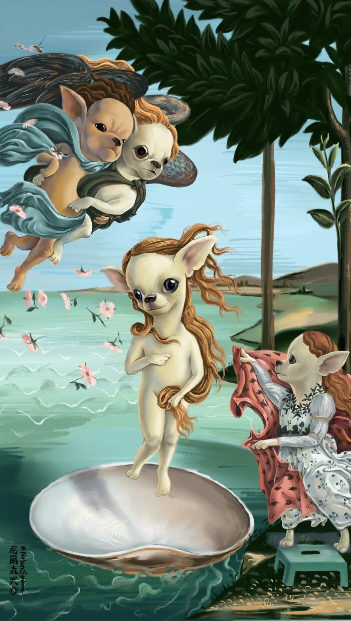 The Birth of Venus recreated with chihuahuas, a Nelson Syndrome illustration turning famous paintings into parodies