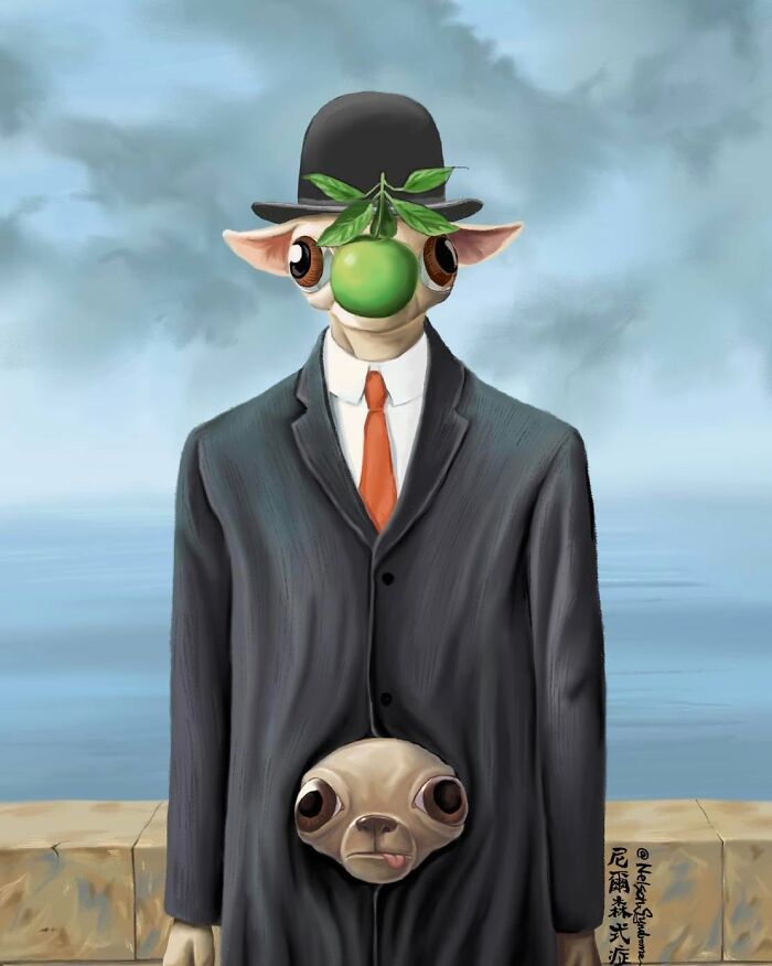 The Son of Man chihuahua parody by Nelson Syndrome, turning famous paintings into animal-filled parodies