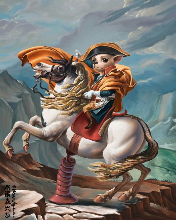 Napoleon on a spring horse chihuahua parody, an illustration by Nelson Syndrome turning famous paintings into parodies
