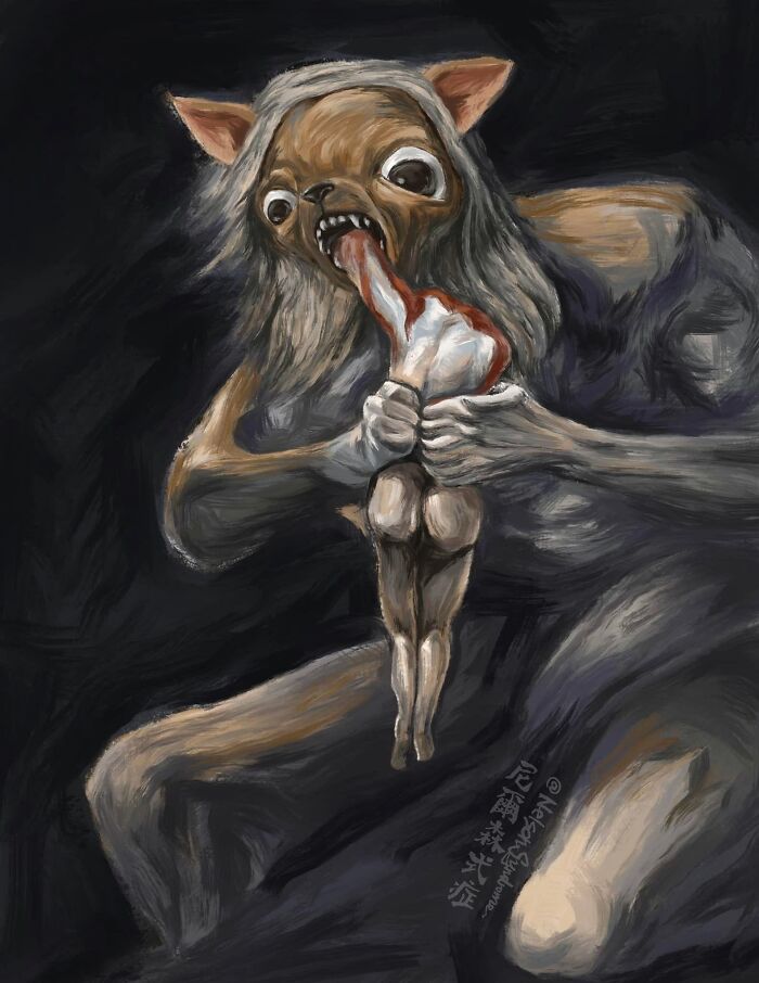 A dark parody illustration by Nelson Syndrome showing a big-eared creature eating a small human figure.