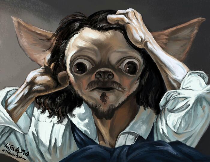 Chihuahua-like character with long hair holding its head in a parody by Nelson Syndrome.