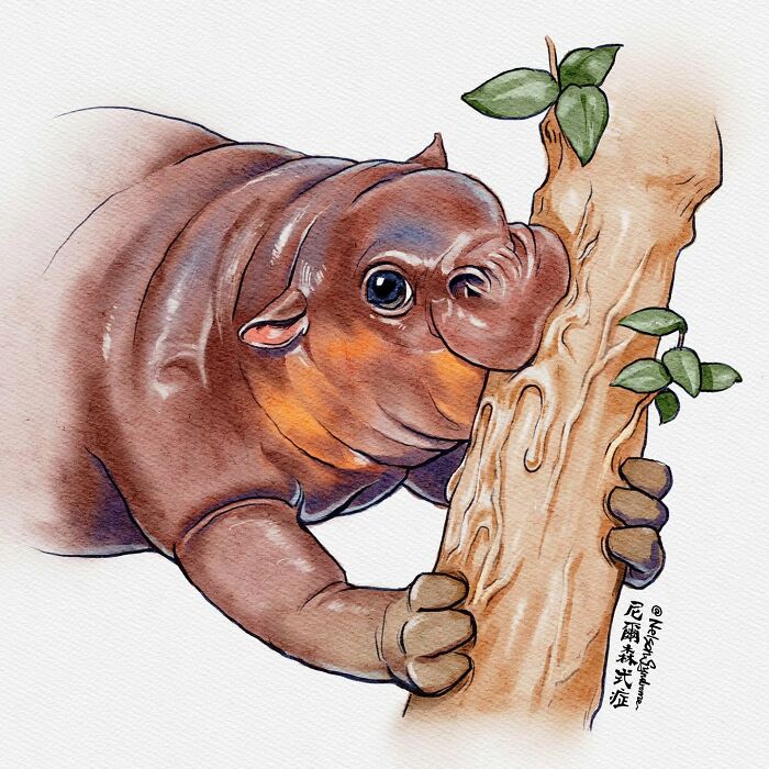 Cute baby hippo climbing a tree trunk in an animal parody illustration by Nelson Syndrome.