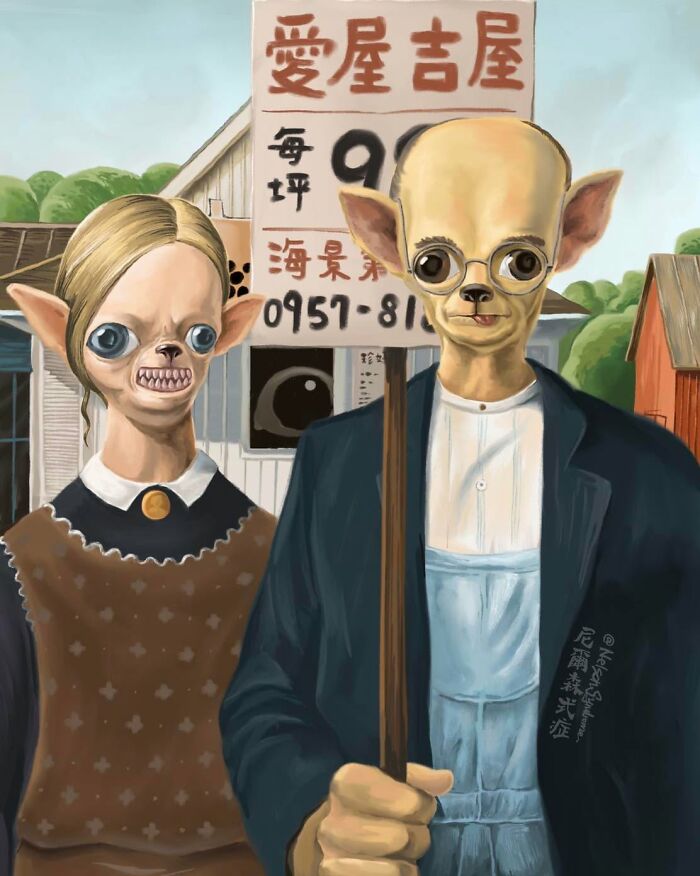 Chihuahua parody of American Gothic, an illustration by Nelson Syndrome turning famous paintings into animal parodies
