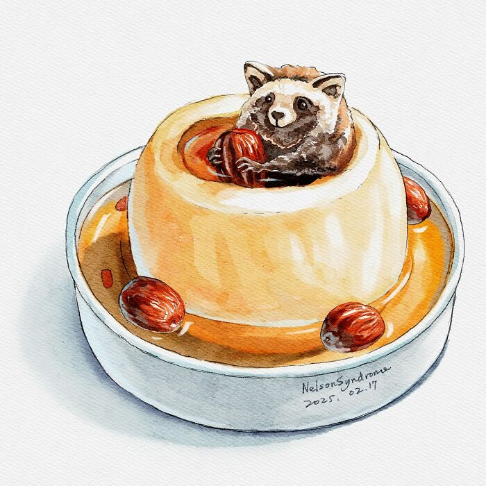 A watercolor illustration of a raccoon sitting inside a dessert by Nelson Syndrome
