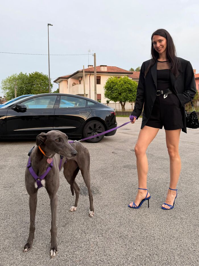 Elegant woman in black suit matching with her grey greyhound pet