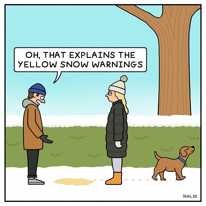 Funny comic by Steve Nelson showing a man and a woman looking at yellow snow made by a dog.