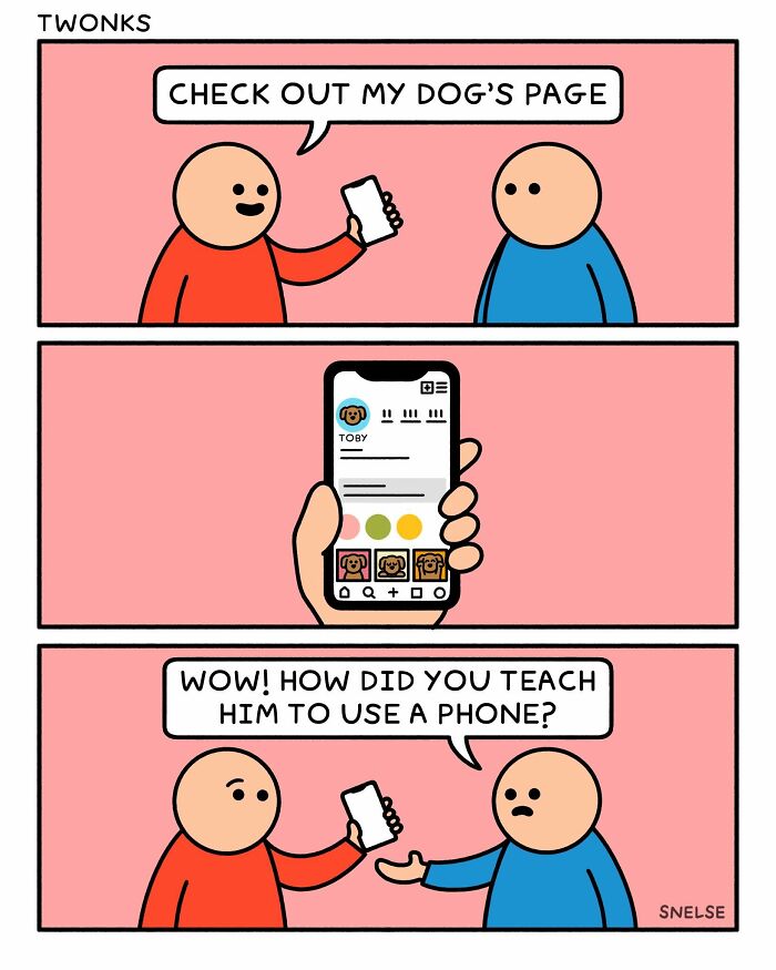 Funny comic by Steve Nelson of a man showing his friends a social media page made for his dog.