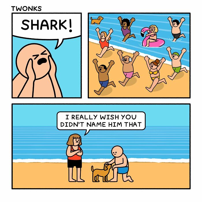 Funny comic by Steve Nelson about a man shouting Shark to call his dog, causing beachgoers to panic.